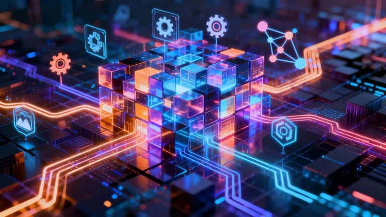 Abstract blockchain network with diverse application icons.