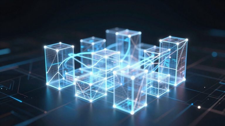 Interconnected digital blocks forming a glowing network.