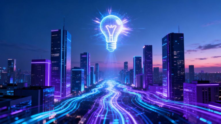 Futuristic cityscape with glowing digital streams and a holographic lightbulb.