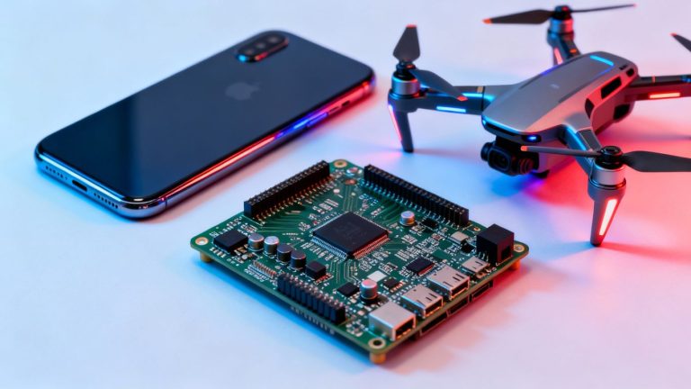 Three distinct technology examples: smartphone, circuit board, drone.
