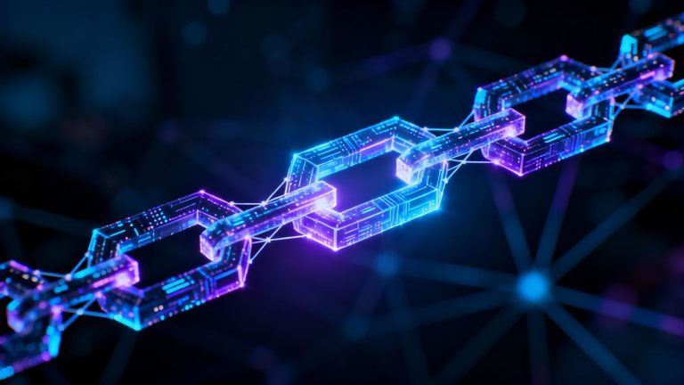 Blockchain network with glowing digital blocks.