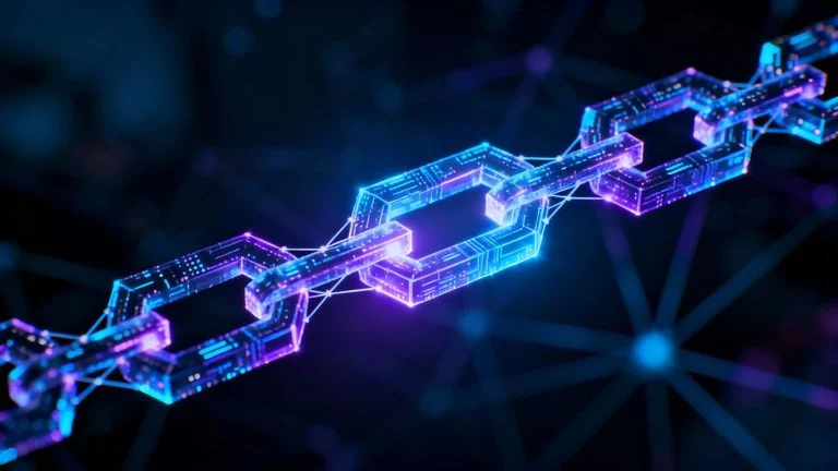 Blockchain network with glowing digital blocks.