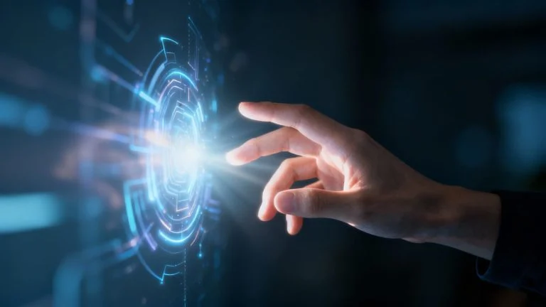 Person interacting with a glowing AI chatbot interface.