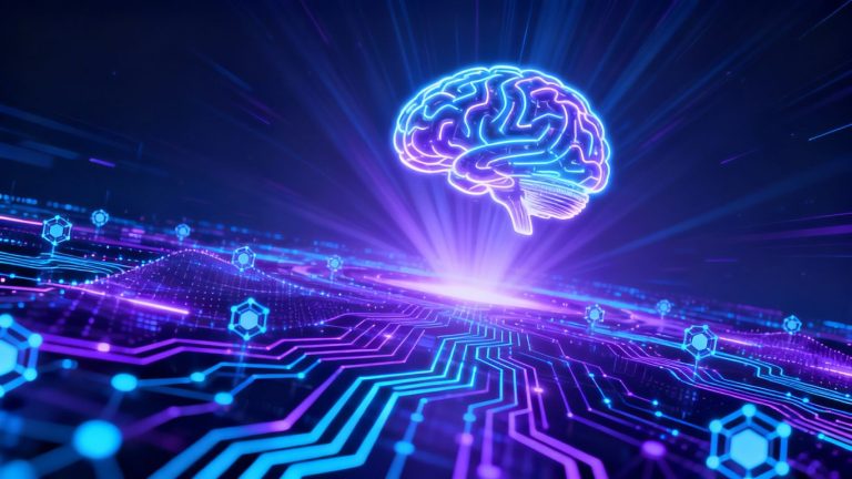 AI and blockchain merging in a futuristic digital landscape.