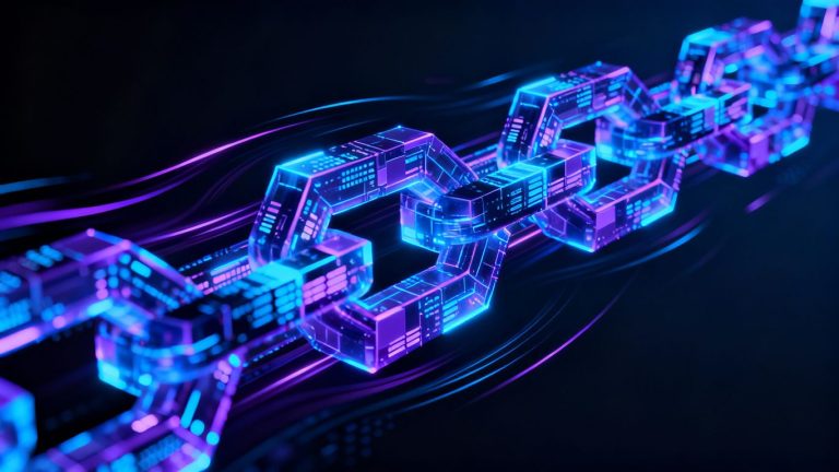 Interconnected glowing blocks forming a secure blockchain network.
