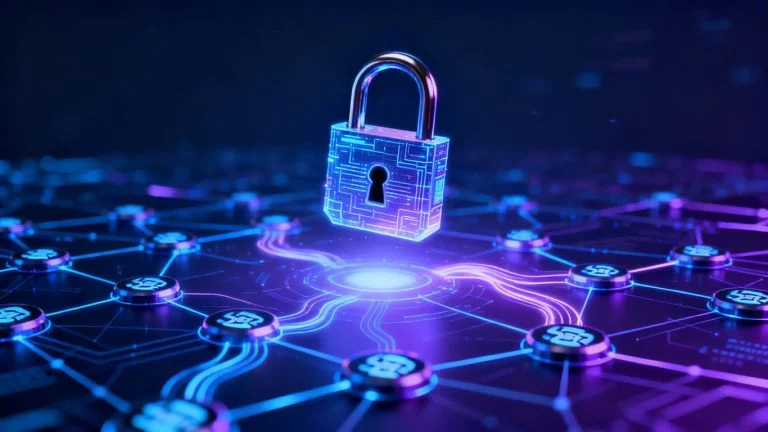 Blockchain network with a digital padlock.