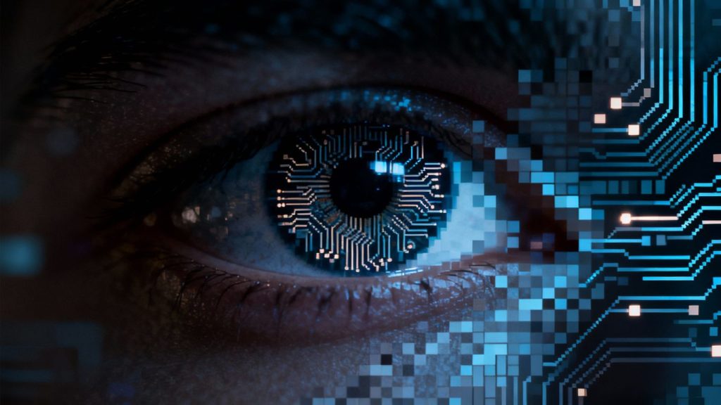 Digital eye looking through pixelated veil, AI concept.