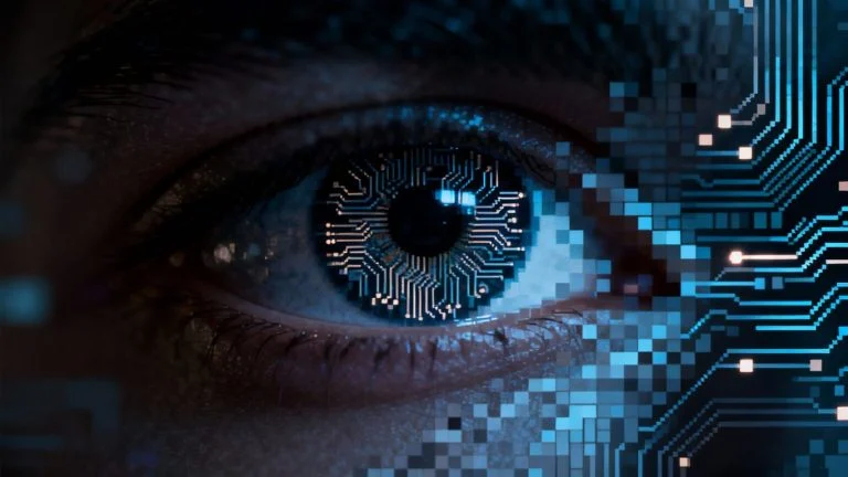 Digital eye looking through pixelated veil, AI concept.