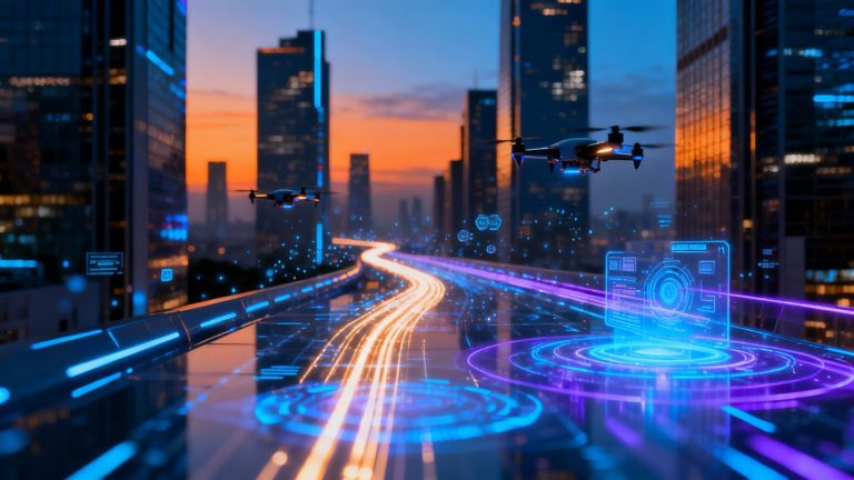 Futuristic cityscape with digital streams and drones.