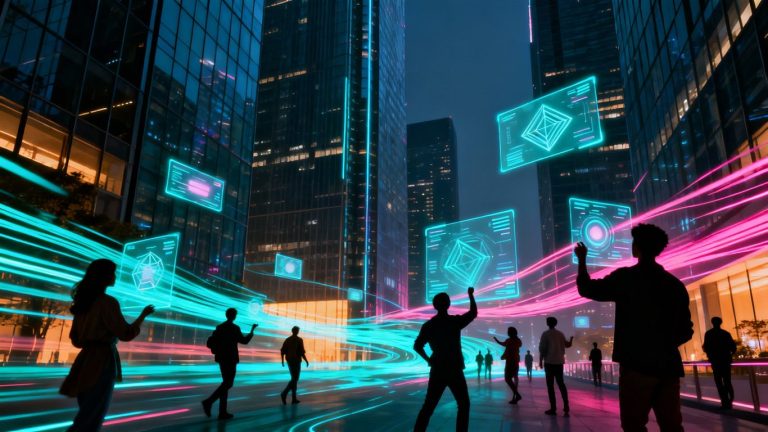Futuristic cityscape with people interacting with technology.