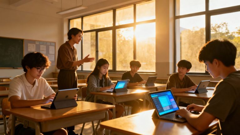 Students using technology in a modern classroom setting.