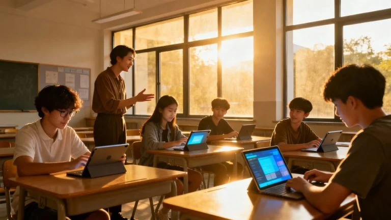 Students using technology in a modern classroom setting.