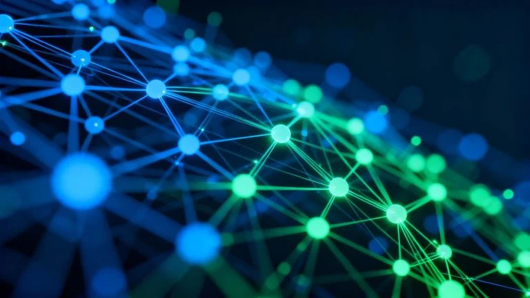Digital network with glowing nodes and interconnected lines.
