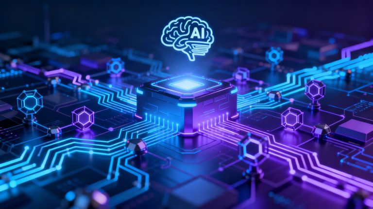 AI and blockchain merging in a futuristic digital landscape.