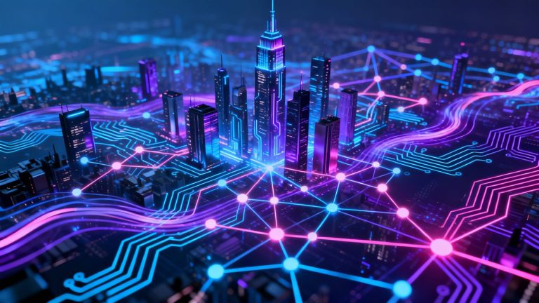 AI and blockchain merging in a futuristic digital landscape.