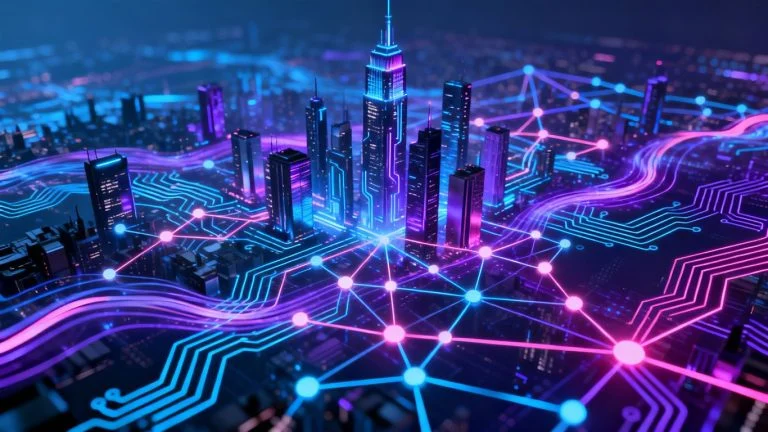 AI and blockchain merging in a futuristic digital landscape.