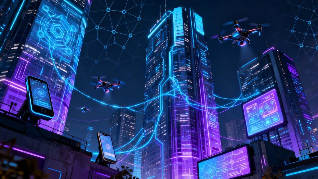 Blockchain network connecting futuristic cityscape and smart devices.