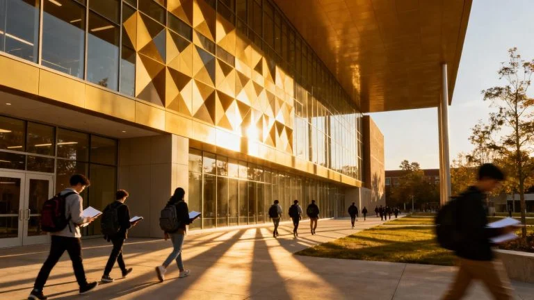 Fashion Institute of Technology building exterior with students.