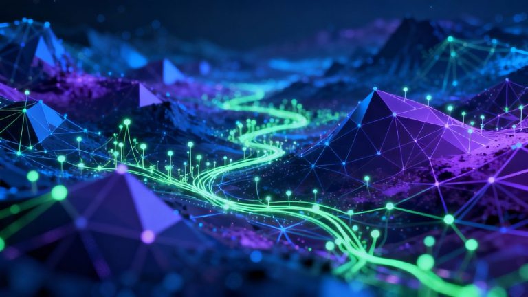 Abstract digital network with glowing nodes and pathways.