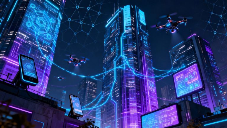 Blockchain network connecting futuristic cityscape and smart devices.