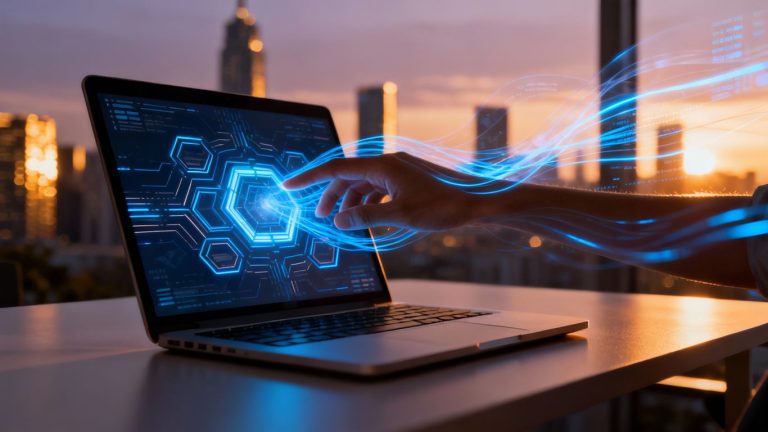 Laptop with digital interface, hand reaching, blurred cityscape background.