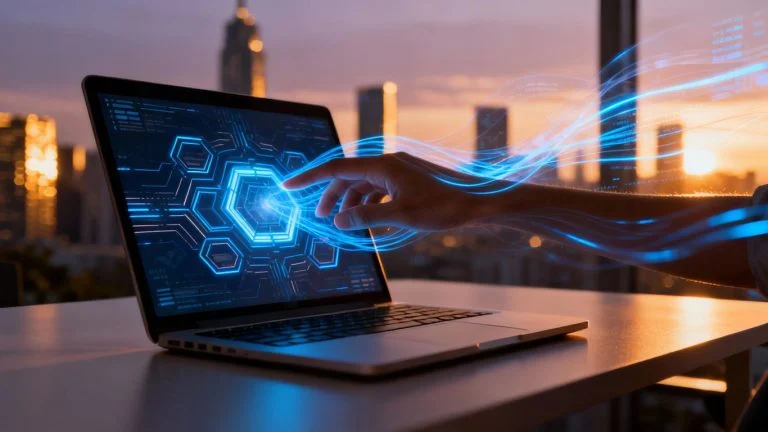 Laptop with digital interface, hand reaching, blurred cityscape background.