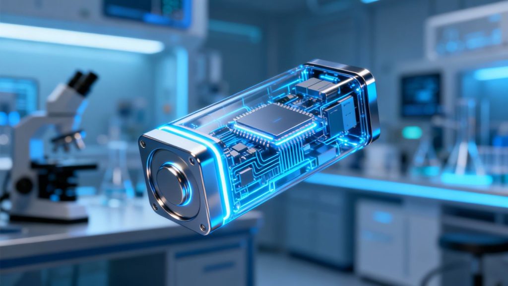 Futuristic solid-state battery cell in a lab setting.