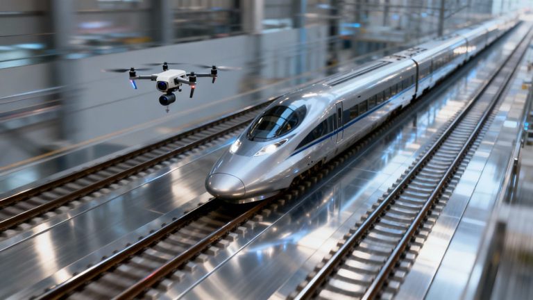 Train and drone inspecting railroad tracks.