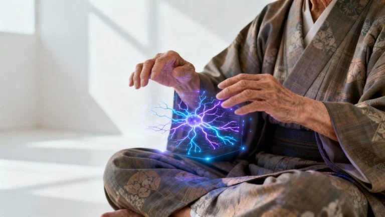 Elderly person using advanced technology in Japan.