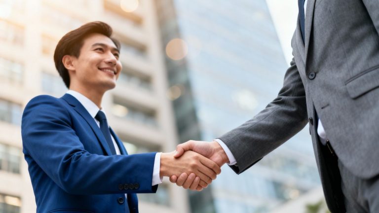 Business handshake symbolizing a divestiture deal.