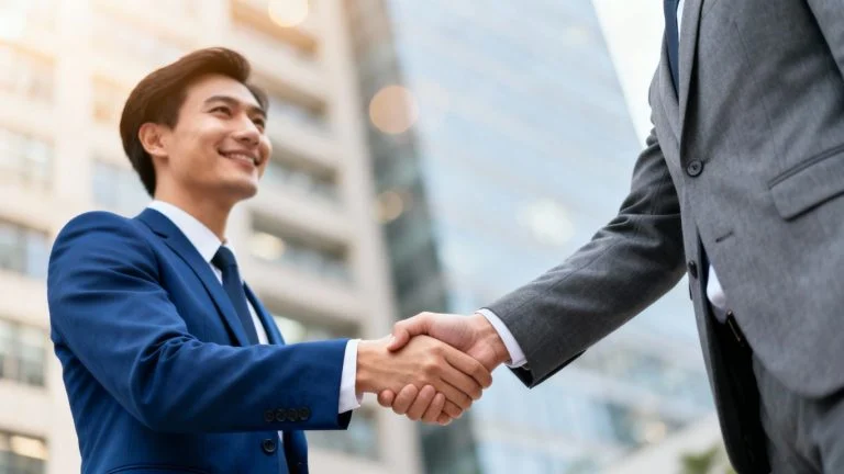 Business handshake symbolizing a divestiture deal.