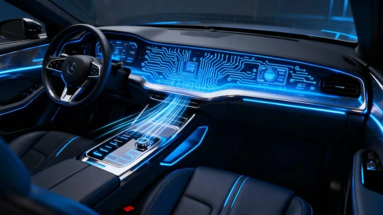 Car interior with integrated glowing blue circuit board and light trails.