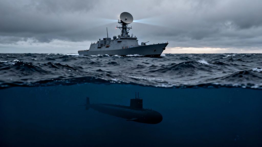 UK naval ship patrols Atlantic against Russian submarines.
