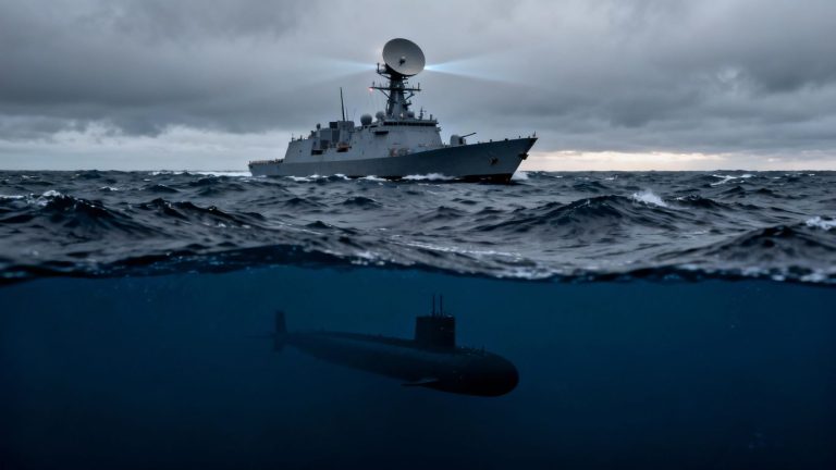 UK naval ship patrols Atlantic against Russian submarines.