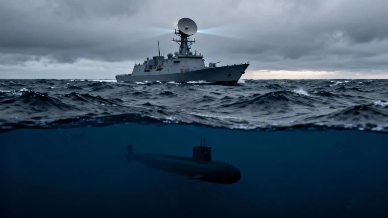 UK naval ship patrols Atlantic against Russian submarines.