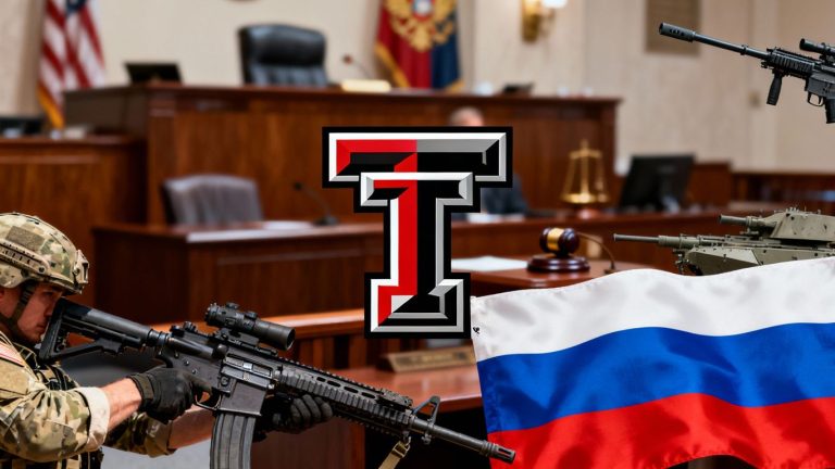 Texas Tech logo with Russian weapons and flags, legal battle implied.