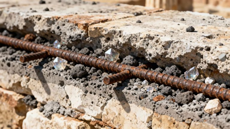 Ancient Roman concrete cross-section with preserved rebar.