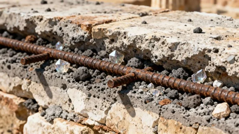 Ancient Roman concrete cross-section with preserved rebar.