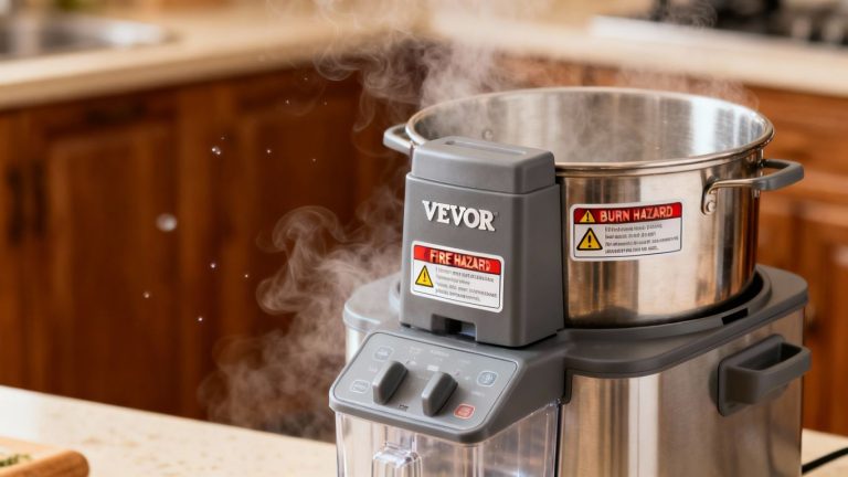 VEVOR ice crusher and steamer with fire hazard warning.