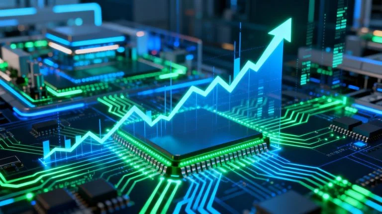Micron stock chart with AI and memory chip imagery.
