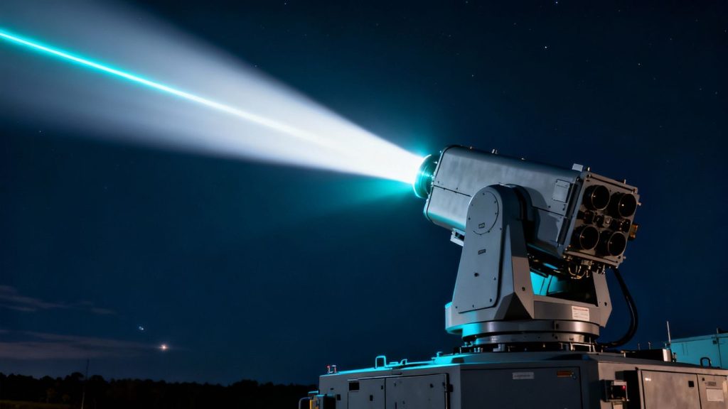 Israel's Iron Beam laser defense system firing a powerful beam.