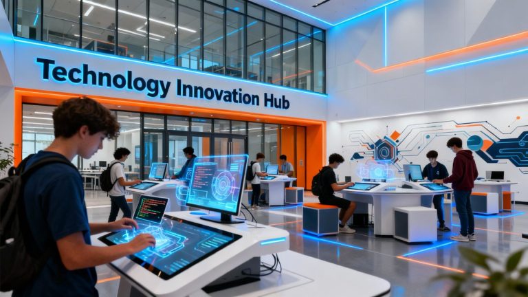 Students using advanced technology in a modern learning space.