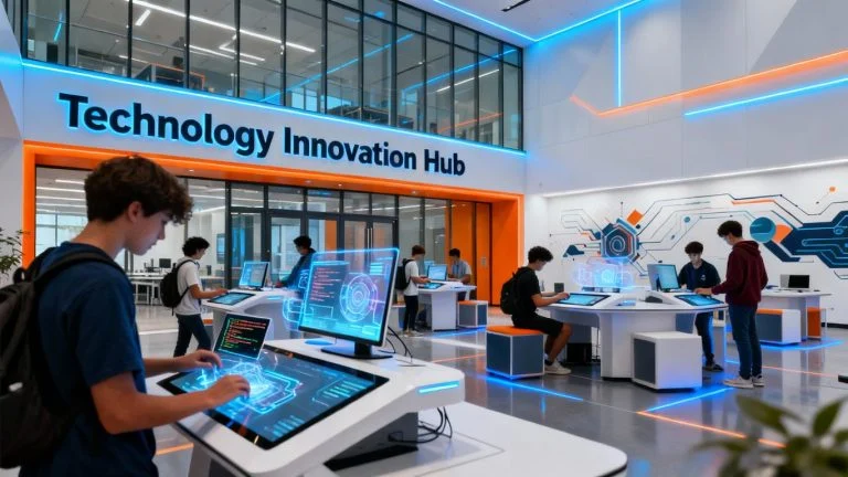 Students using advanced technology in a modern learning space.