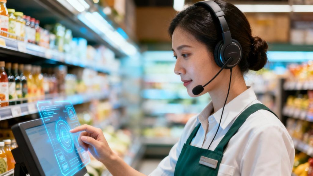 Employee using voice technology in a grocery store aisle.