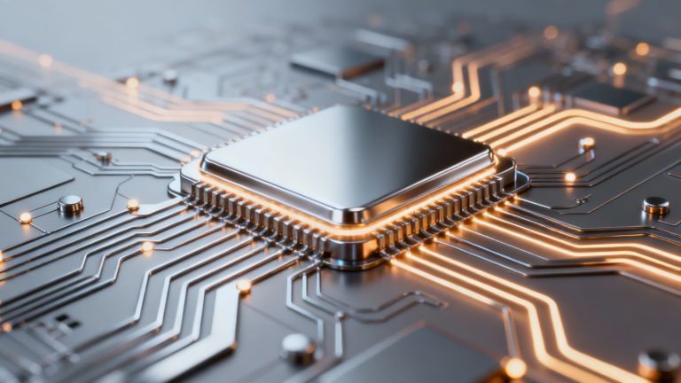 Abstract AI chip design with glowing circuitry.