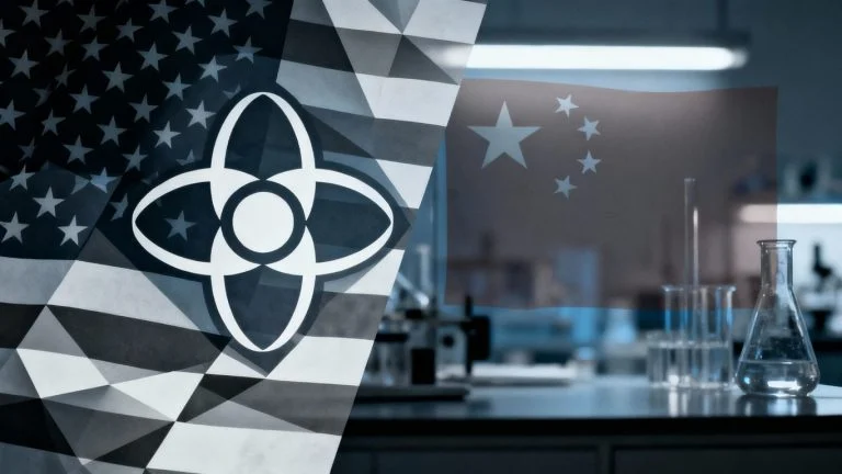 US and China flags with nuclear symbol.