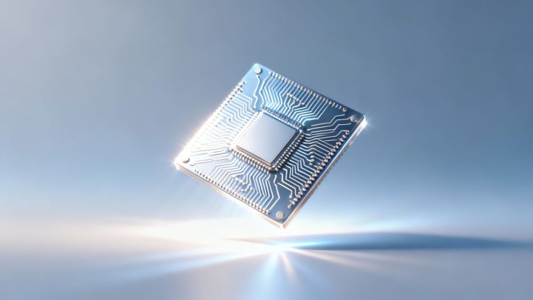 Microchip with upward trajectory, bright light, professional background.