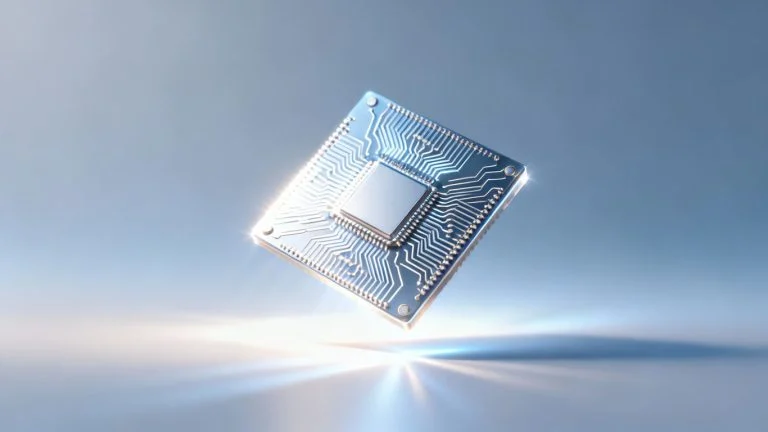 Microchip with upward trajectory, bright light, professional background.