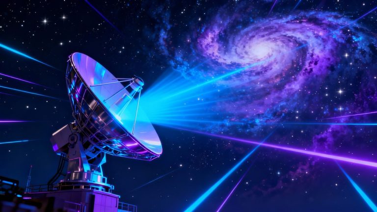 Satellite dish transmitting signal through space.