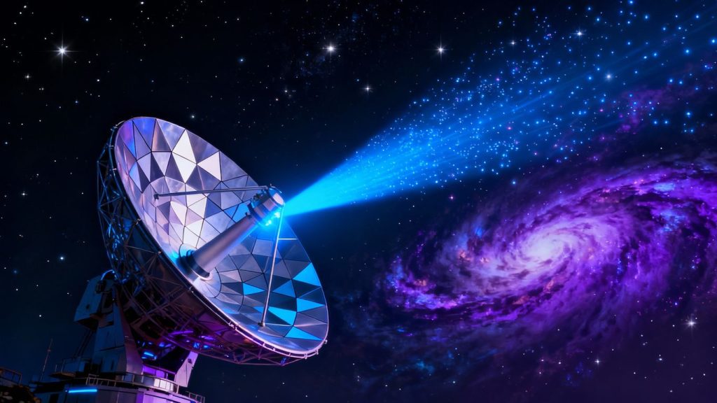 Satellite dish transmitting signal through space.